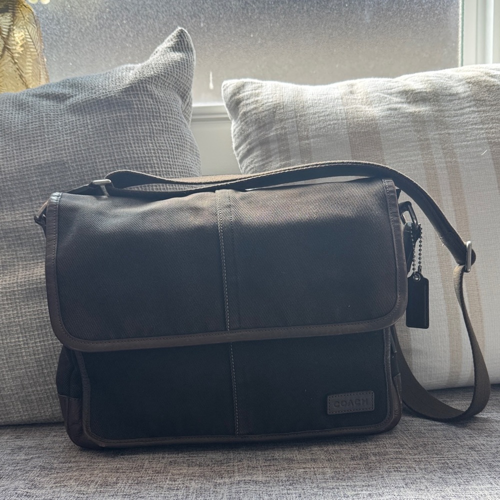 Coach Black Messenger Bag with Brown Leather Trimming & Brown Handle